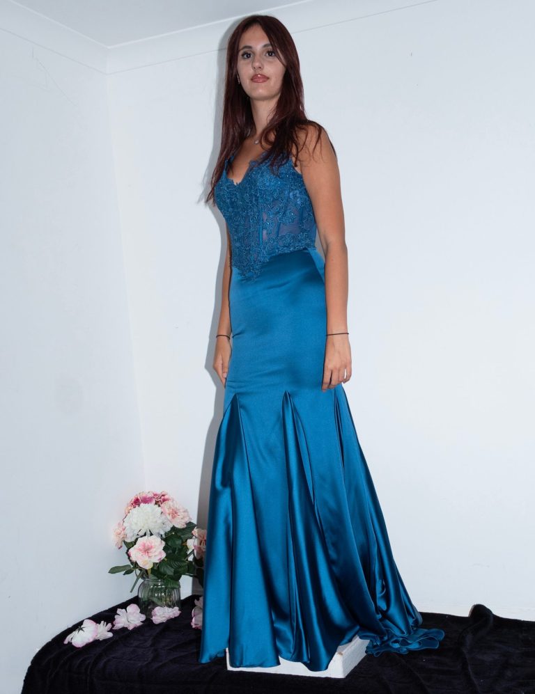 blue satin fish tail dress front view