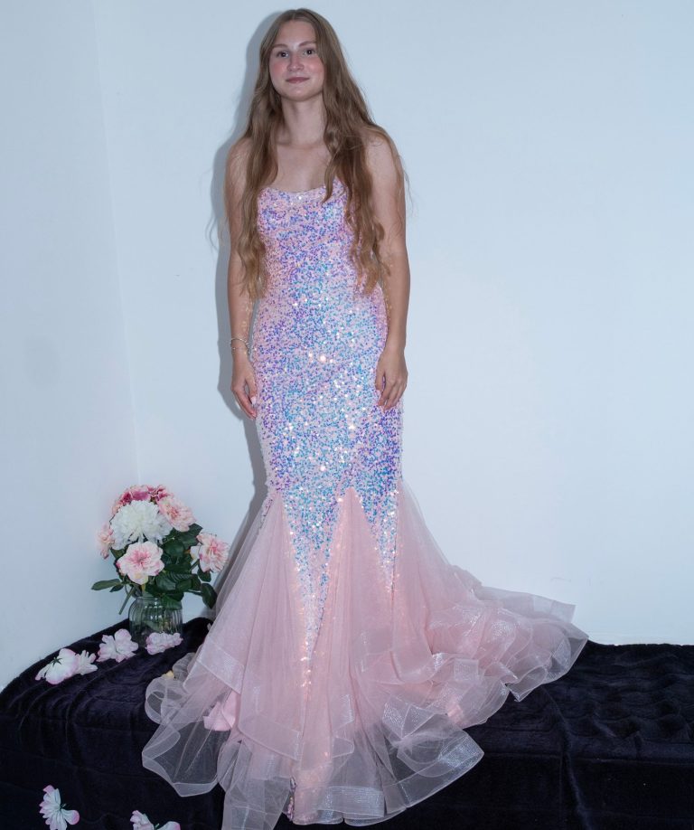 Pink fish tail dress front view