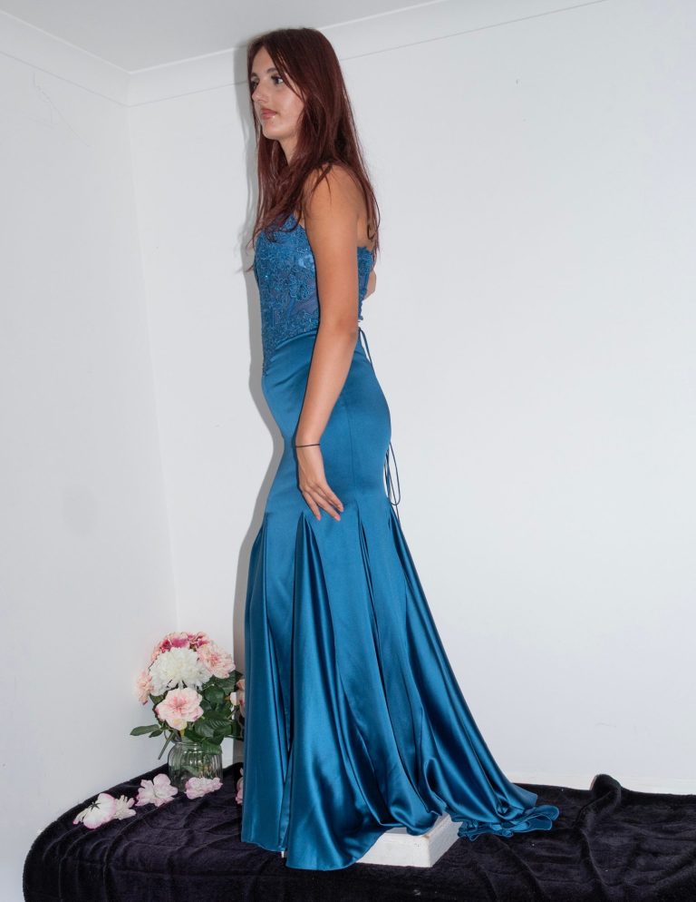 blue satin fish tail dress side view