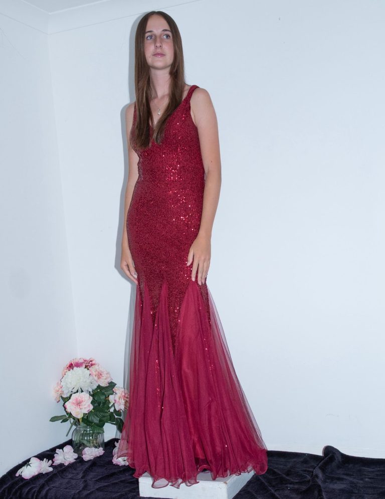 red fish tail dress front view