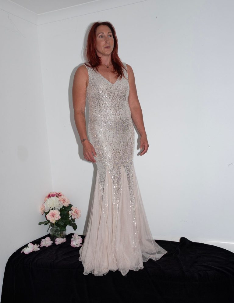 silver fish tail dress front view