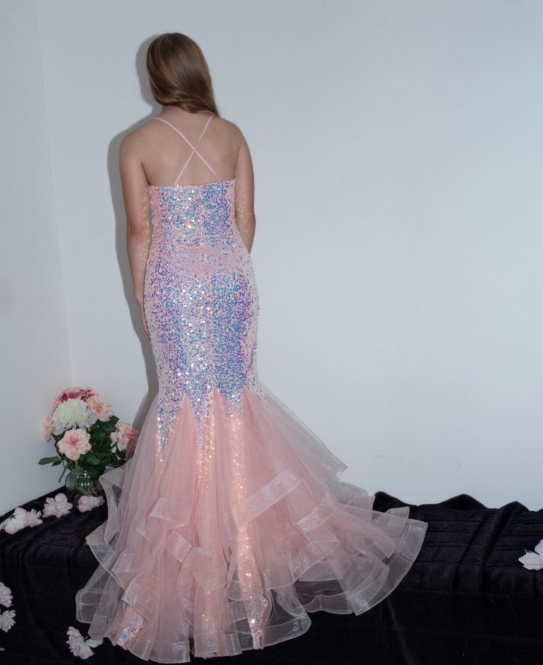 pink fish tail dress back view
