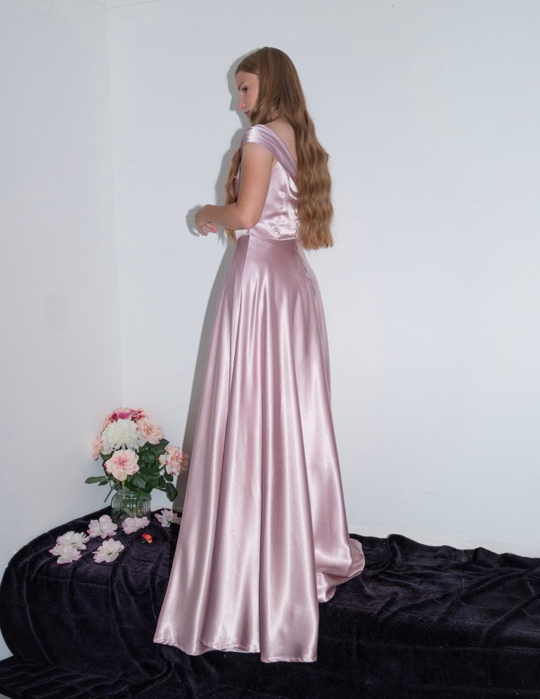pink satin flowy dress side view