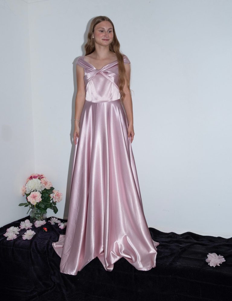 pink satin flowy dress fron view