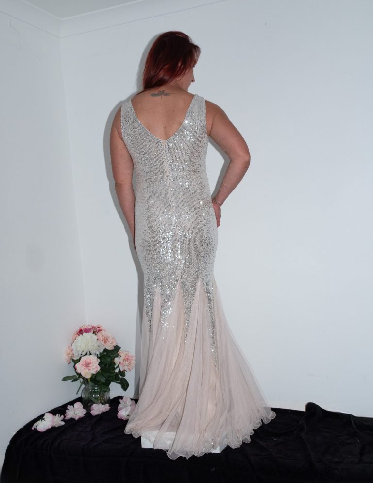 silver fish tail dress back view